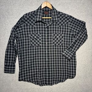 Plains Western Wear Mens XL Black White Plaid Pearl Snap Long Sleeve Shirt